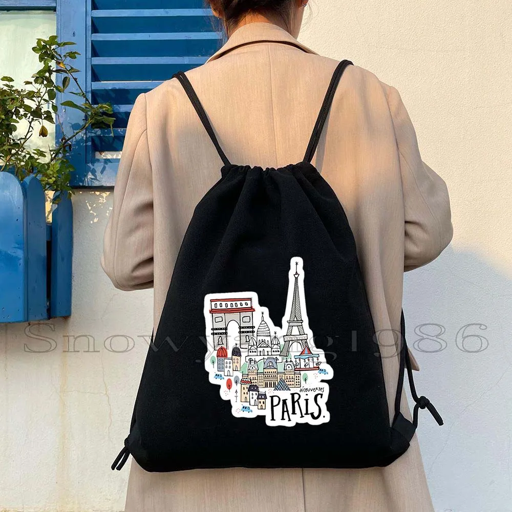 Paris Rainbow Eiffel Tower France Heart French Flag Map Canvas Drawstring Bag Soccer Backpack Gym Sackpack Cute Gifts String Bag