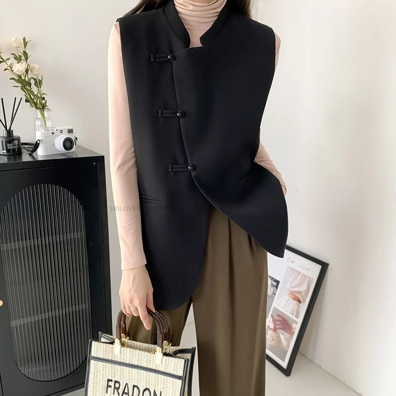 

Chinese Standing Collar Buckle Sleeveless Suit Vest women's Autumn Improved Oriental Style Loose Vest Jacket Tangsuits Vest