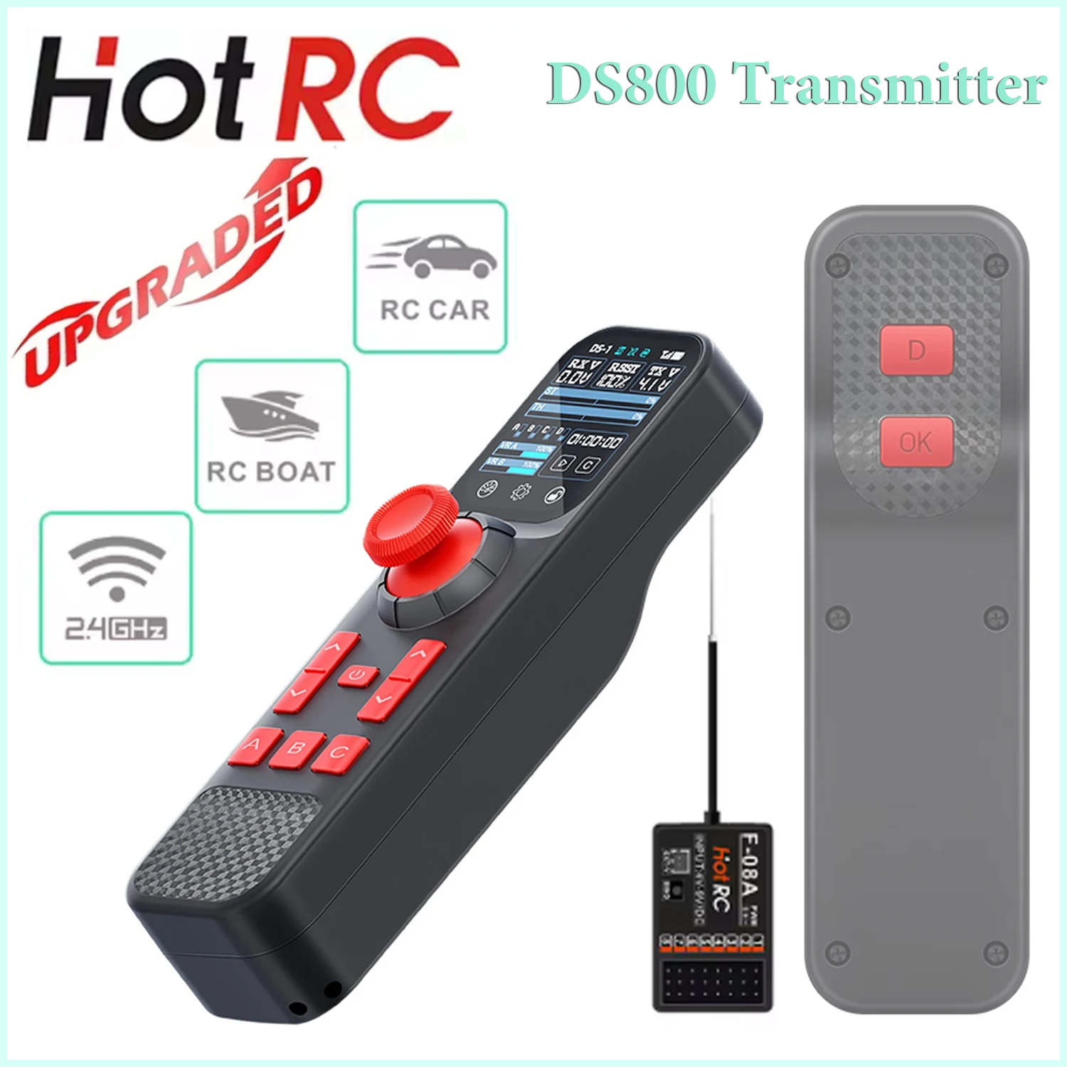 

Передатчик HotRC DS-800, 2,4 ГГц, 8 каналов, 2-дюймовый цветной экран, пульт дистанционного управления DS800 с приемником для радиоуправляемой модели автомобиля, лодки для рыбалки на лодке