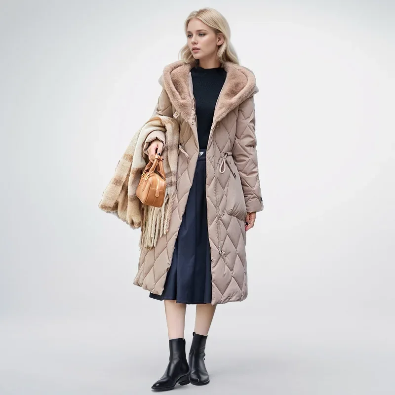 2025 Winter Women's New Cotton Jacket Female Fur Hooded Knee Length Thickened Warm Plush Collar Drawstring Waist Parkas Coats