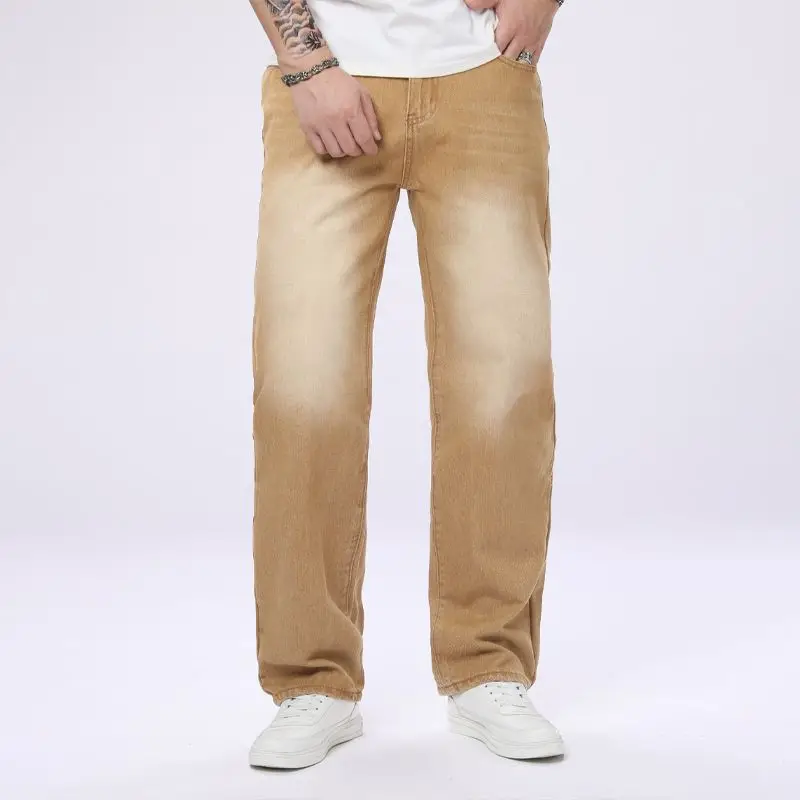 Men's jeans are trendy, casual and versatile on the street. Yellow brown straight leg pants are suitable for all seasons