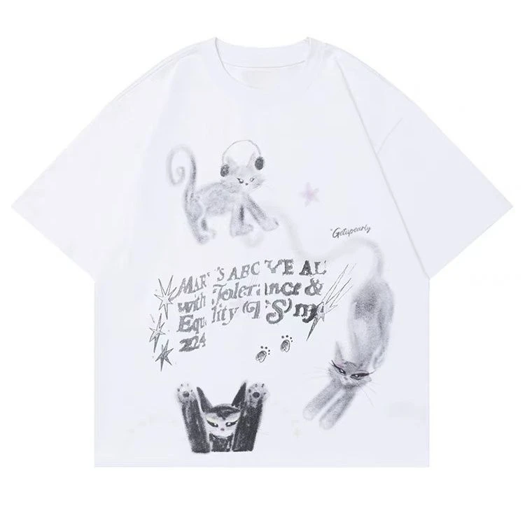 

American High Street Graffiti Cotton High Quality Cartoon Print Men's and Women's Short Sleeve Casual Loose Plus Size T-Shirts