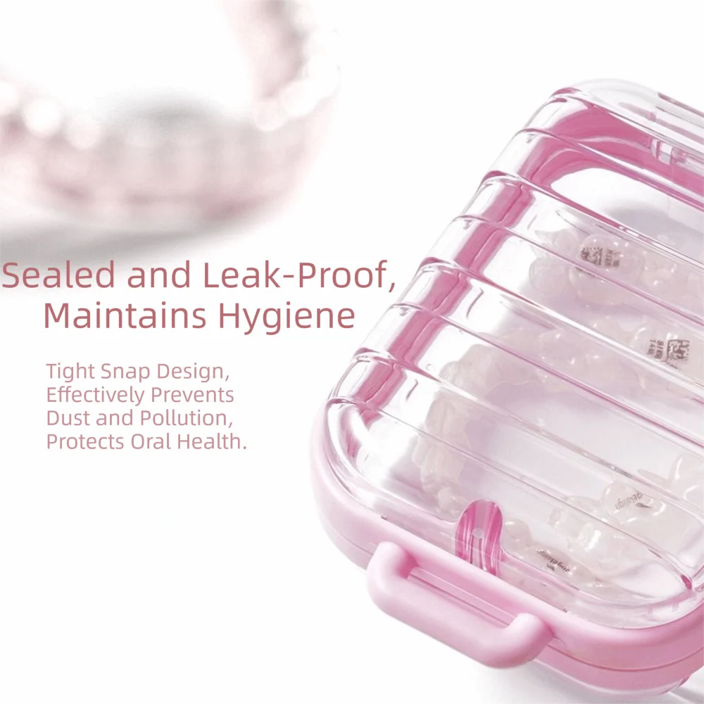Portable Braces Storage Box Transparent Sealed Denture Retainer Case with Carabiner/Hanging Rope Leak-proof