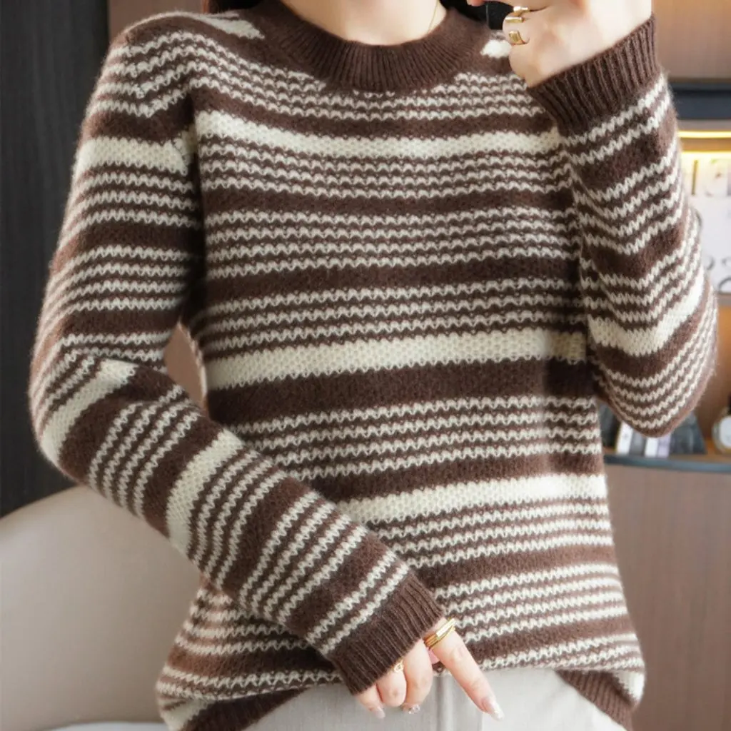 

Women's round Neck Contrast Striped Sweater Thickened Knitted Base Shirt Top Fashion Outer Wear for Autumn Winter