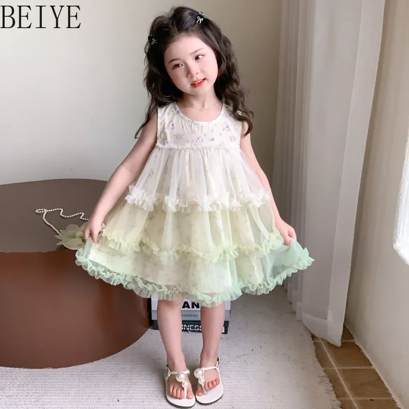 Round Neck Sleeveless A-line Dress Girls Flower Print Gradient Color Ruffle Tiered Tulle Dress Children Garden Photo Party Dress