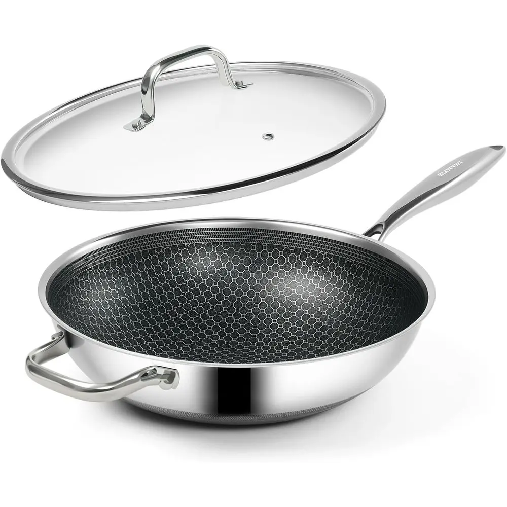 

12-дюймовая сковорода-вок из нержавеющей стали с антипригарным покрытием, с крышкой, с охлаждающей ручкой, подходит для использования в духовке и посудомоечной машине, совместима со всеми типами плит.