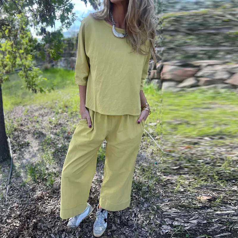 

Vintage Solid Cotton Linen Women Clothing Elegant O Neck Top Pullover & Long Pants Suit Autumn Half Sleeve 2 Pieces Sets Outfits