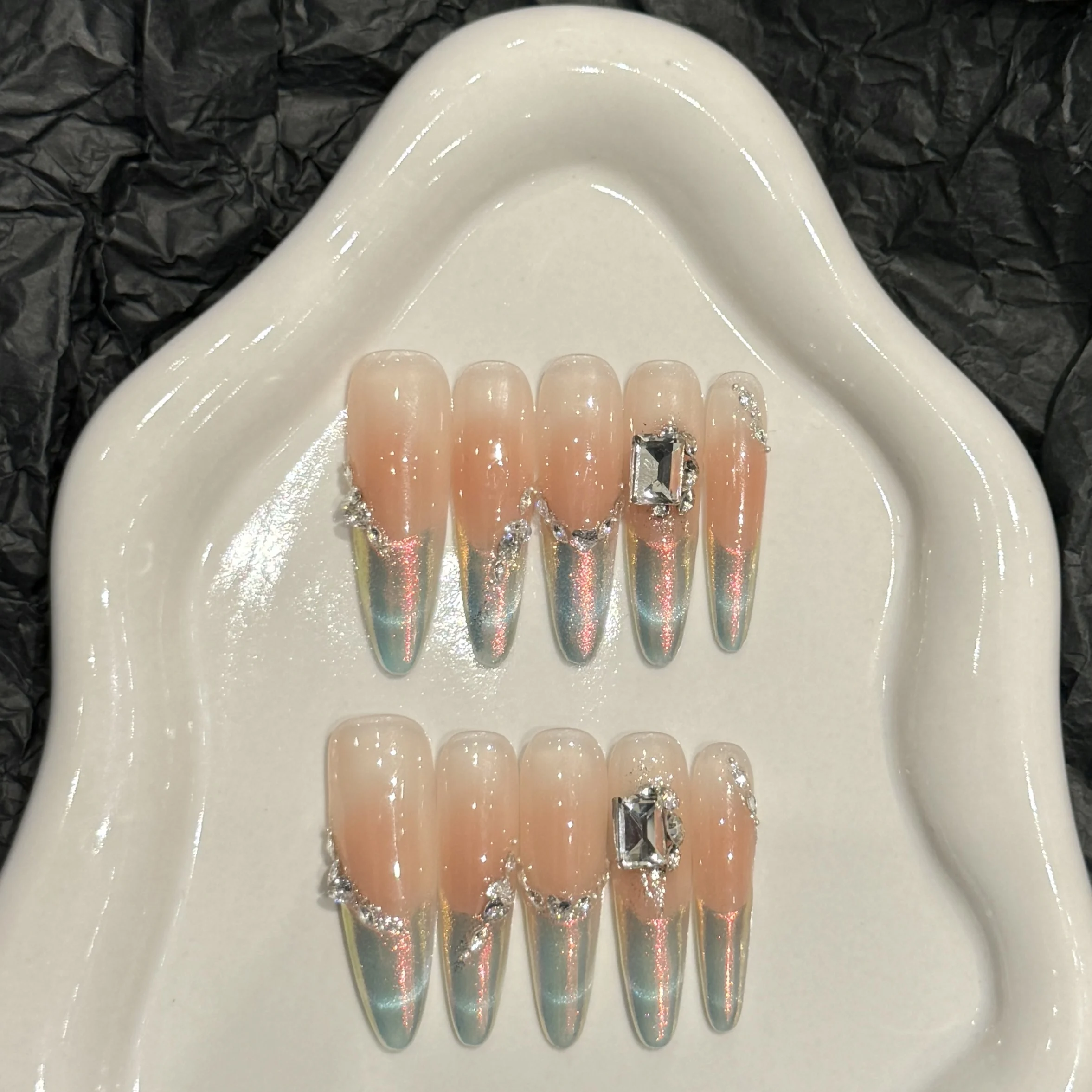 10pcs Handmade Fake Nails Fine Dog Pointed Type Press On Nails Compilations Broken Diamonds Different Styles and Designs