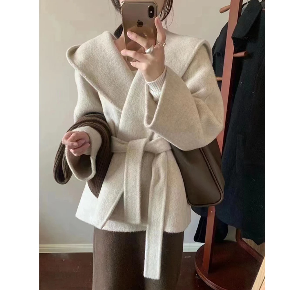 

2024 new very thin women hooded wool jacket double-sided hoodie woolen short coat casual lace up jackets for autumn spring