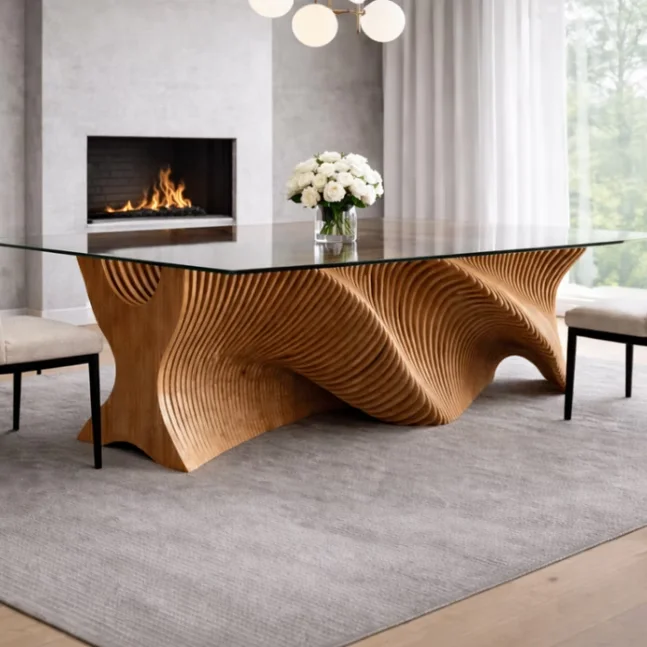 *Customized  Parametric Furniture  Dinning Table Outdoor Meeting Room Desk Solid Wooden Desk with Glass Desktop Parametric Wood