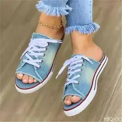 2022 Fashion Women Canvas Sandals Breathable Summer Slippers Lace Up Open Toe Ladies Faux Denim Flat Shoes Zapatos Mujer