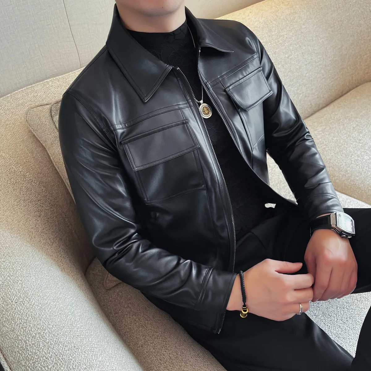 

Black PU Leather Jackets Men Clothing 2025 Fashion Turn Down Collar Slim Fit Men's Casual Motorcycle Jacket Long Sleeve Coat Man
