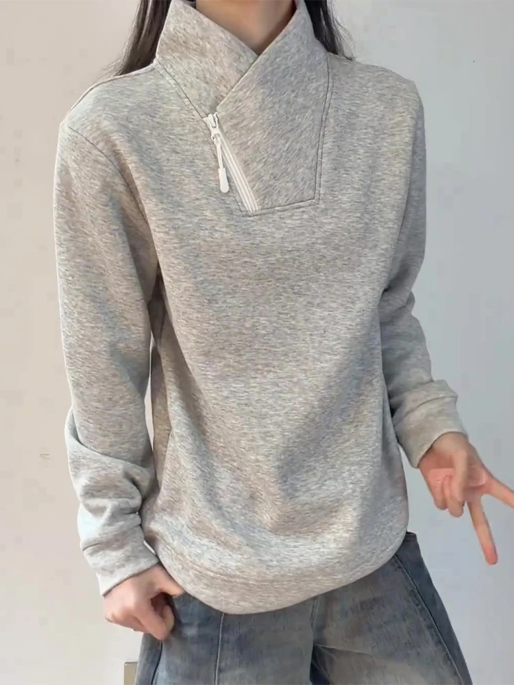 

Gray American Style Hoodie Men's Thickened Long Sleeve Zipper Closure Casual Shirt Inner Wear Winter Fashion Design T-Shirt