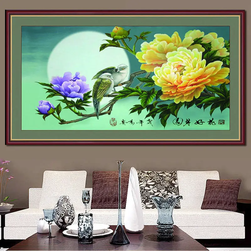 Embroidered pure handmade cross stitch finished product with beautiful flowers,round moon, magpie and peony flower pattern135*70