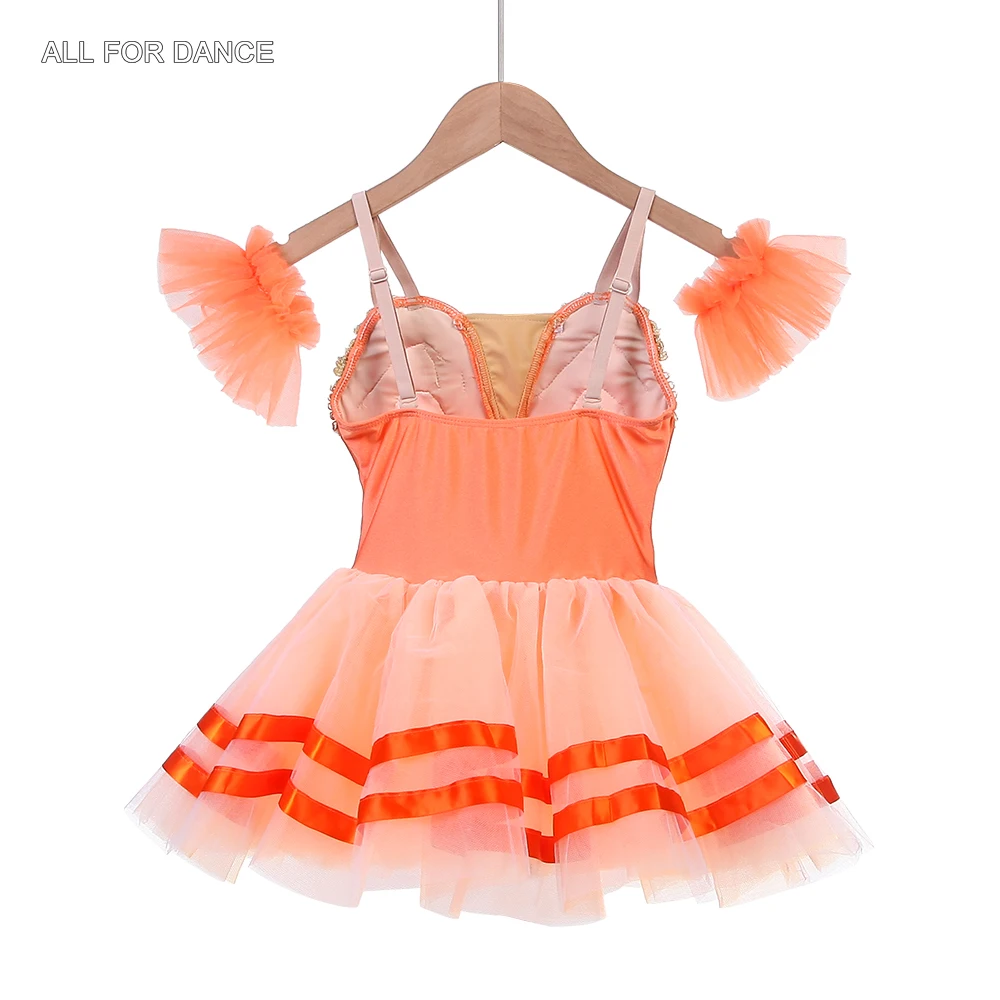 ชุดบัลเลต์สำหรับผู้ใหญ่หญิง 25030 สีส้มกำมะหยี่แต่งขอบทอง พร้อมกระโปรงบัลเลต์ทรงพอง สำหรับการแสดงบนเวที