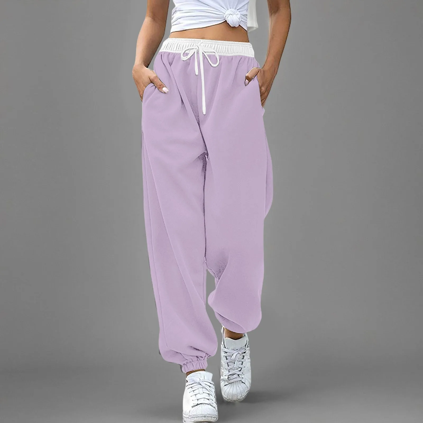 

Work Out High Waisted Yoga Pants Pockets Loose Fit Casual Comfortable Sweatpants Color Blocked Drawstring Joggers Pants Women