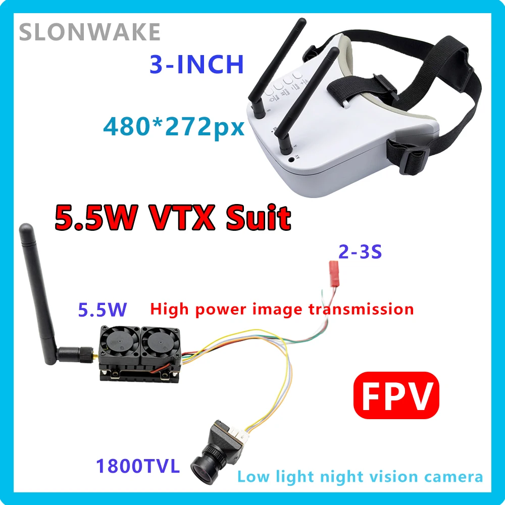 

SLONWAKE FPV 5.8G high power inage 5.5W VTX 1800TVL Camera low light night vision 3-inch VR glasses 480*272px for RC Drone