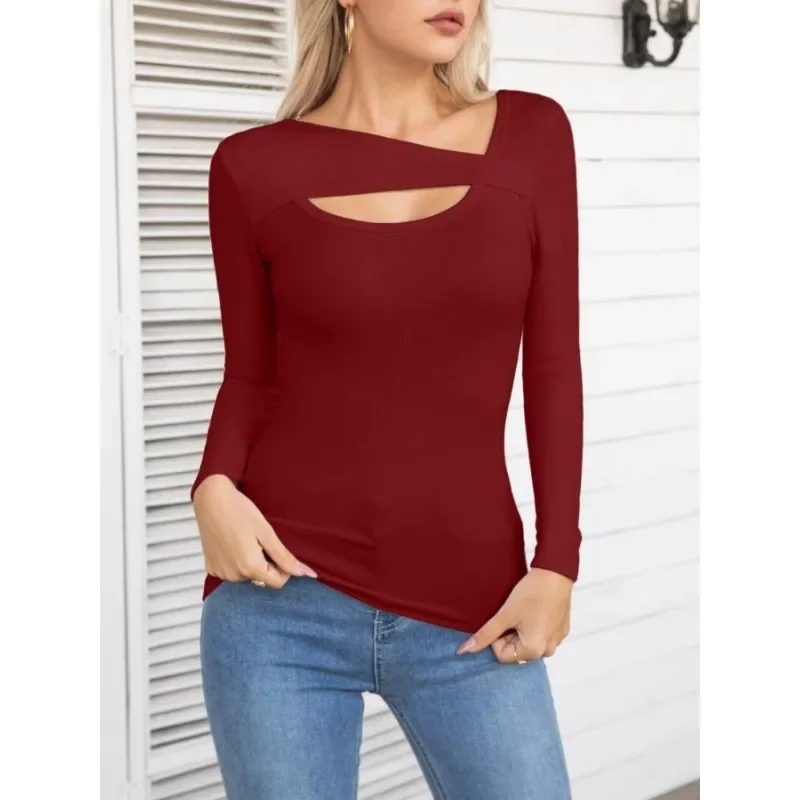 Plus size 1xl-5xl nova moda feminina casual gola irregular design oco casual manga comprida camiseta