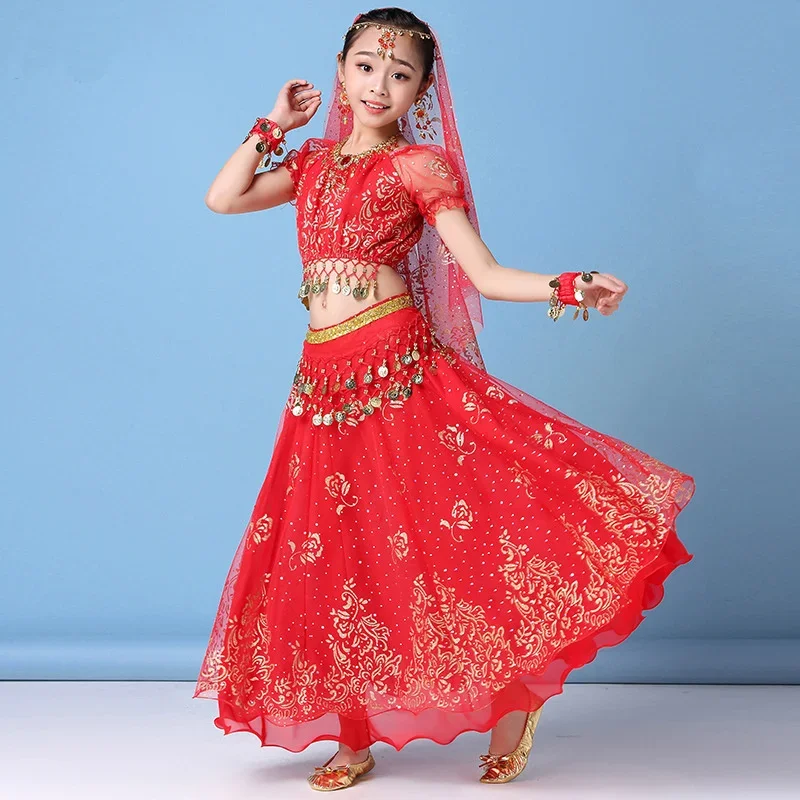4 pçs/set novas crianças conjunto de traje de dança do ventre oriental indiano trajes de dança do ventre vestido roupas indianas para meninas