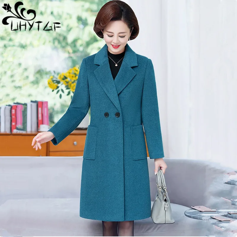 

UHYTGF High-End Woolen Coat Women's Middle-Aged Mom Autumn Winter Jacket Female Mid-Length Windbreaker Outerwear Ladies 5XL 235