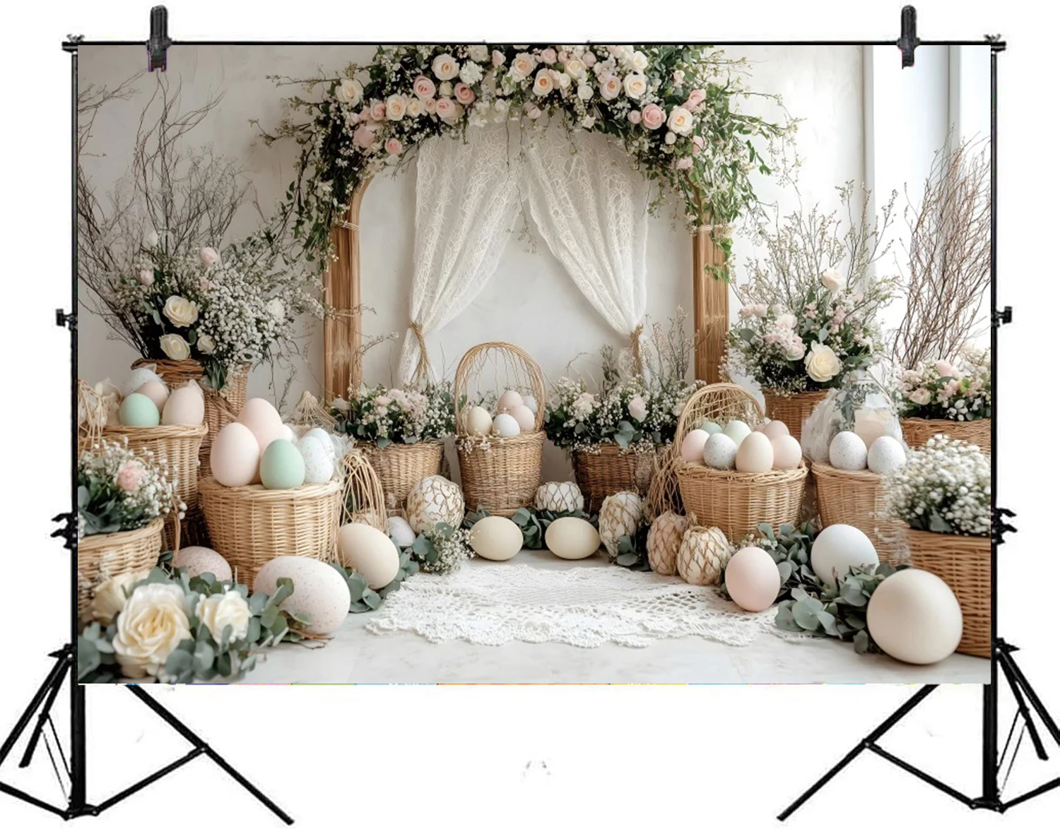 

Happy Easter Day Backdrop Photography Spring Easter Egg Rabbit Arch Door Flower Baby Portrait Photocall Photo Studio Background