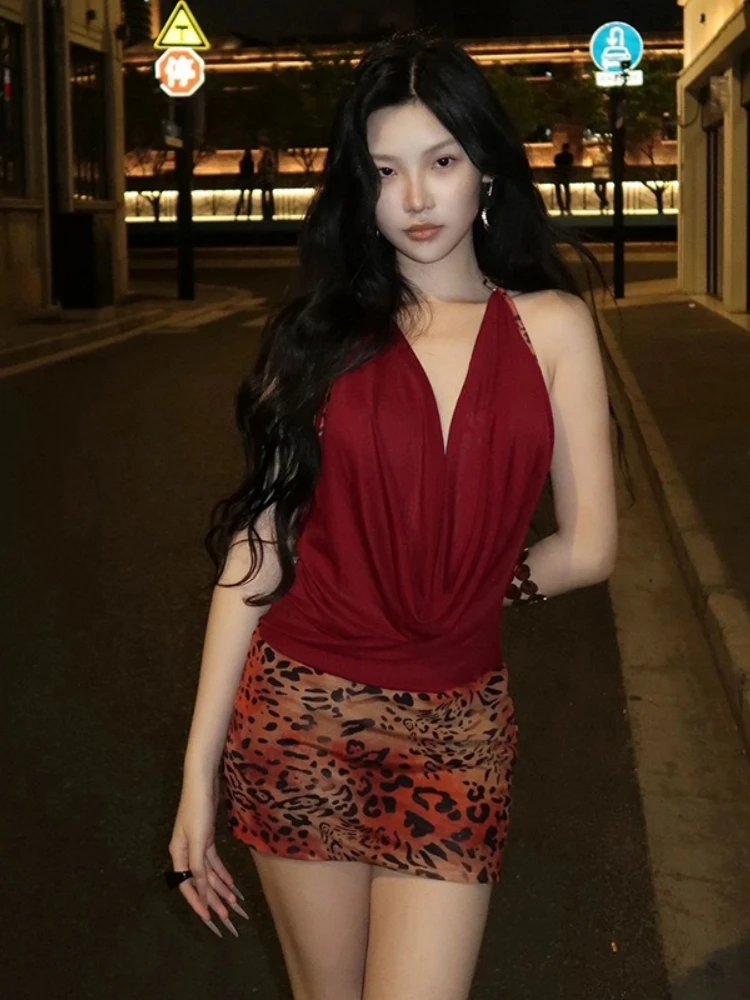 

Neck-mounted Bodycon Dress For Women Y2k Clothes Leopard Print Backless Sexy Streetwear Swinging Collar Mini Vestidos De Mujer