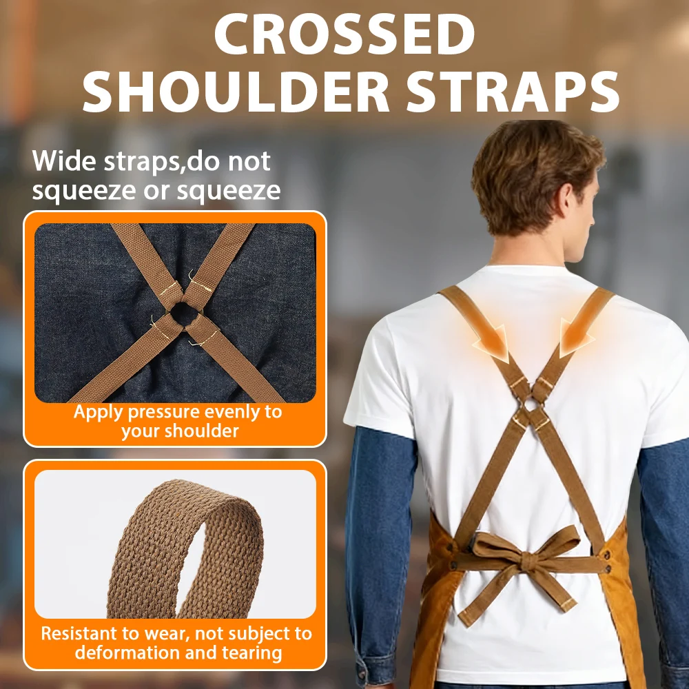 Heavy-Duty Cowhide Split Leather Welding Apron Multi-Pocket Adjustable Cross Straps Heat Resistant Spark-Proof Protective Gear