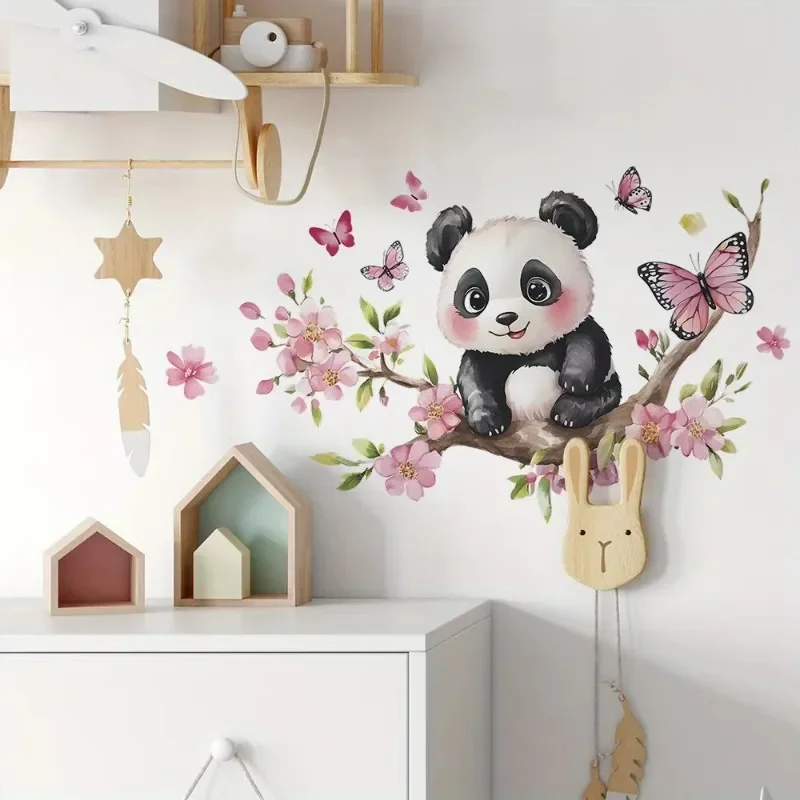 Cherry Blossom Panda Wall Sticker, Cherry Branches, Healing Scene Design, Gentle Fresh Style Wall/Cabinet Decoration Sticker