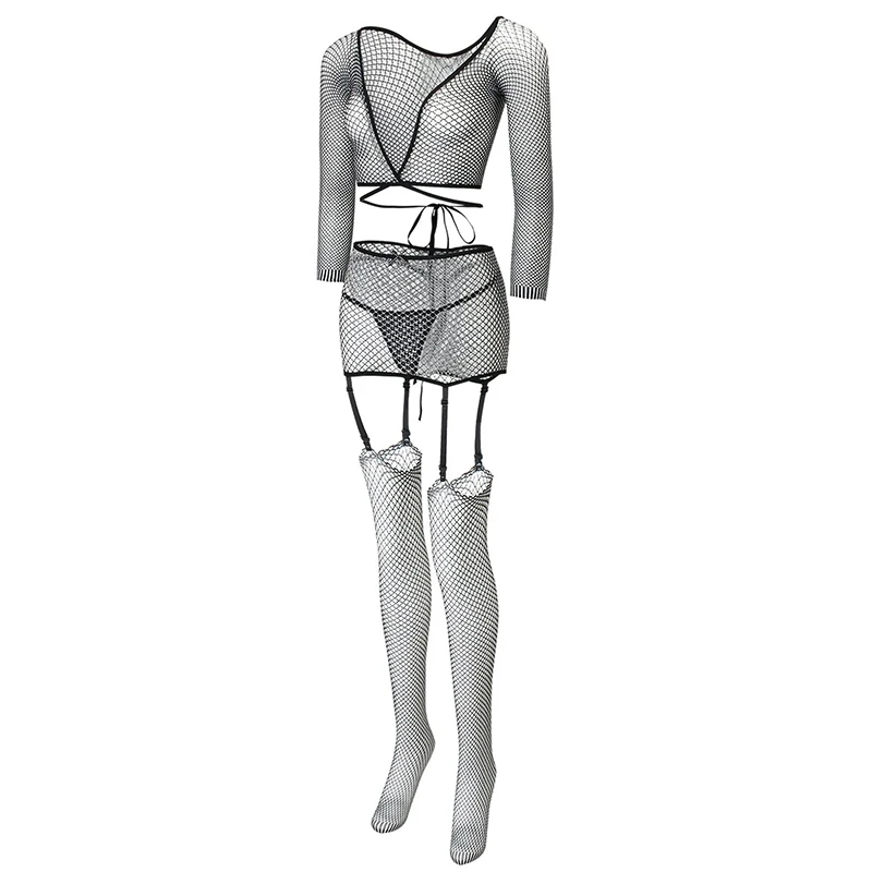 Hallow Lingerie Sexy See-through Nightgown Set Women Long Sleeve Sheath Bodysuit