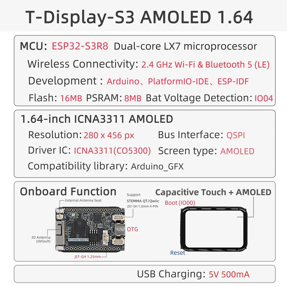 T-Display-S3 ESP32-S3 AMOLED 1.64-Inch ICNA3311 Touch Display Screen Flash-16MB PSRAM-8MB WIFI Bluetooth Wireless Module