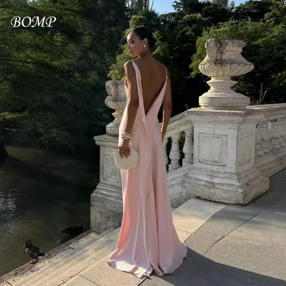 

BOMP Elegant Pink Wedding Party Dress Spaghetti Strap Backless Draped Side Slit Floor Length Satin Evening Dresses Customized