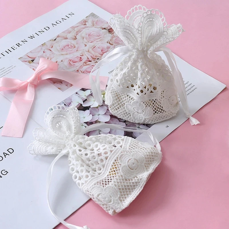 10pcs Round Hole Lace Bag Jewelry Storage Bag Milk Yarn Bundle Pocket Drawstring Bags Packaging Party Wedding Favors gift