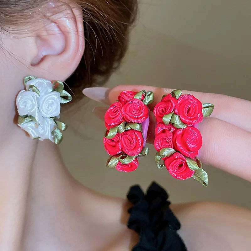 NISHIZAWA Fabric Rose Flower Earrings Niche Temperament Seaside Holiday Earrings French Fashion Earrings for Women