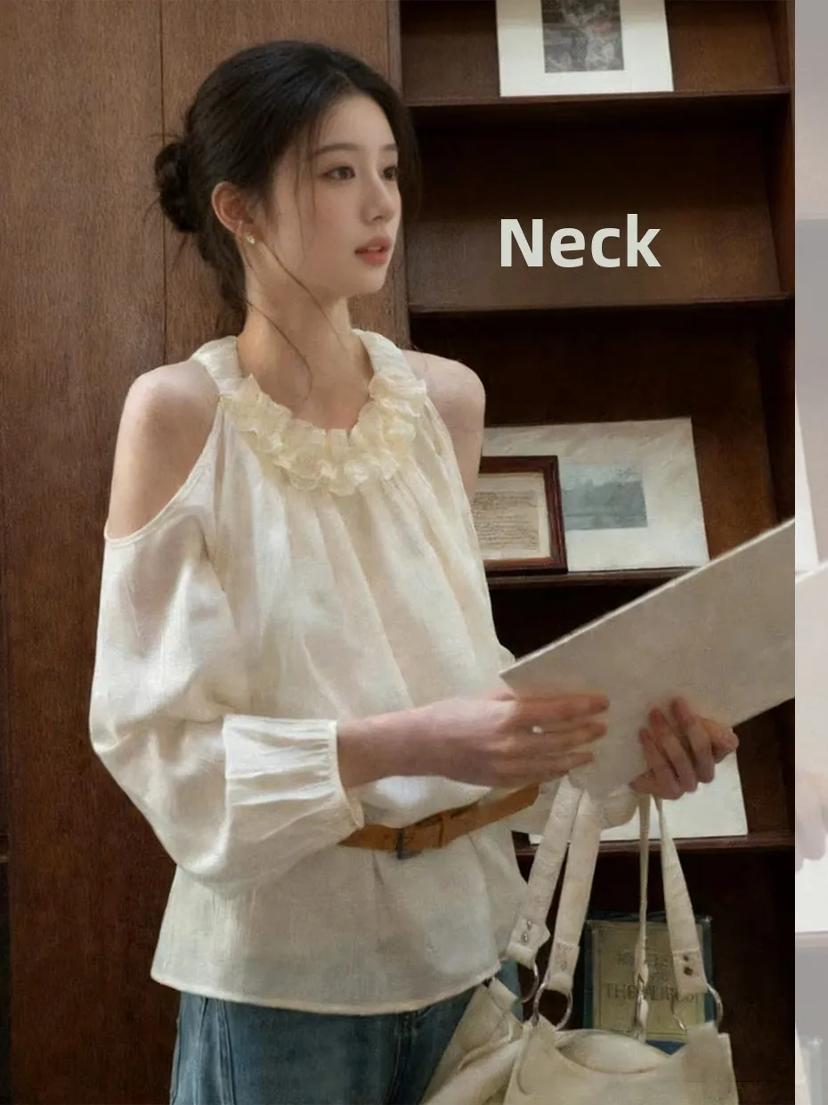 

Elegant Wooden Ear Lace Shoulder Bridesmaid Shirt Women's Spring Summer New Design Unique Beautiful Waist-Cinching Top