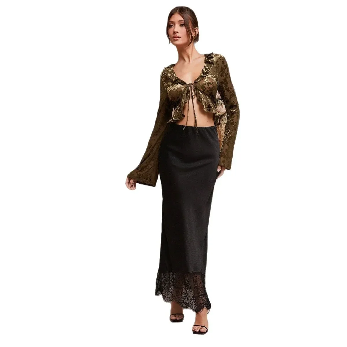 أنيقة الدانتيل المرقعة الساتان سطح تنورة الراقية الإحساس المرأة مصدر الموضة السلع ميدي تنورة ألياف البوليستر