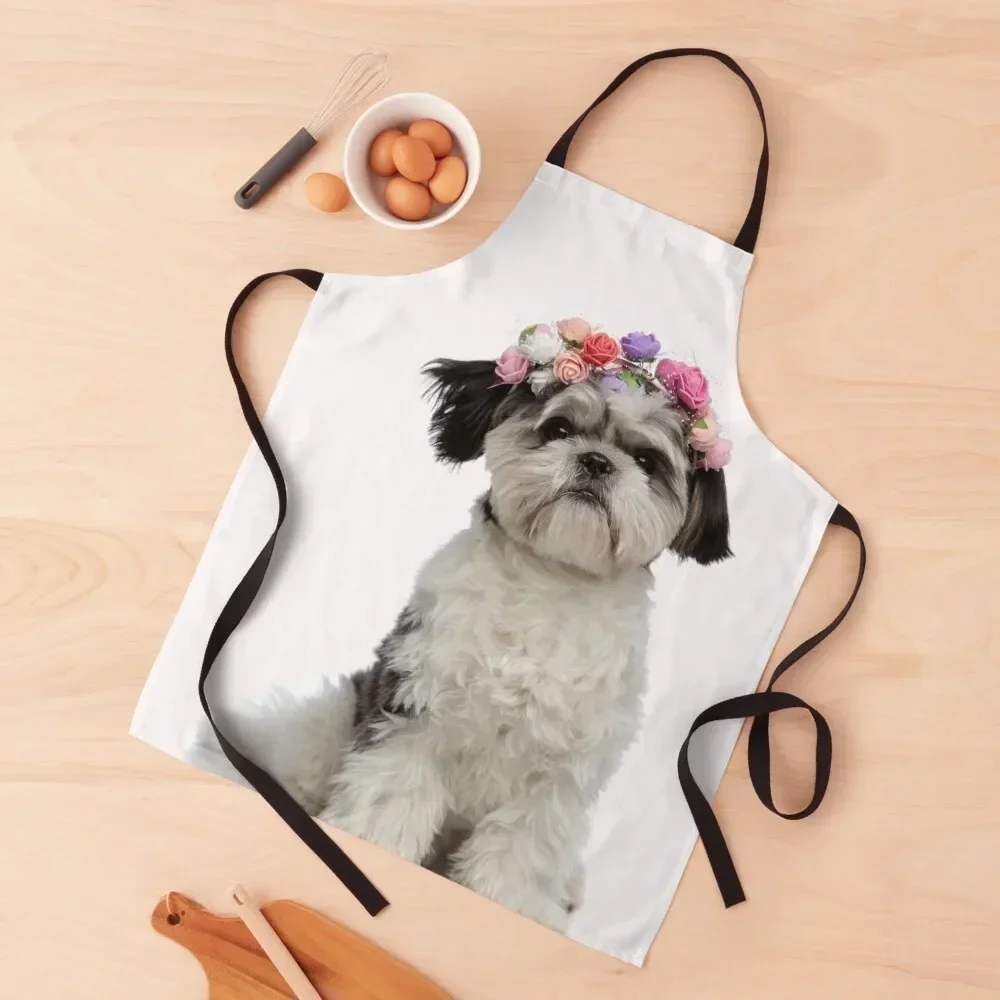 

Cute Shih Tzu Puppy wearing flower headband Apron household woman Waterproof Customizable Woman Home Cleaning Apron