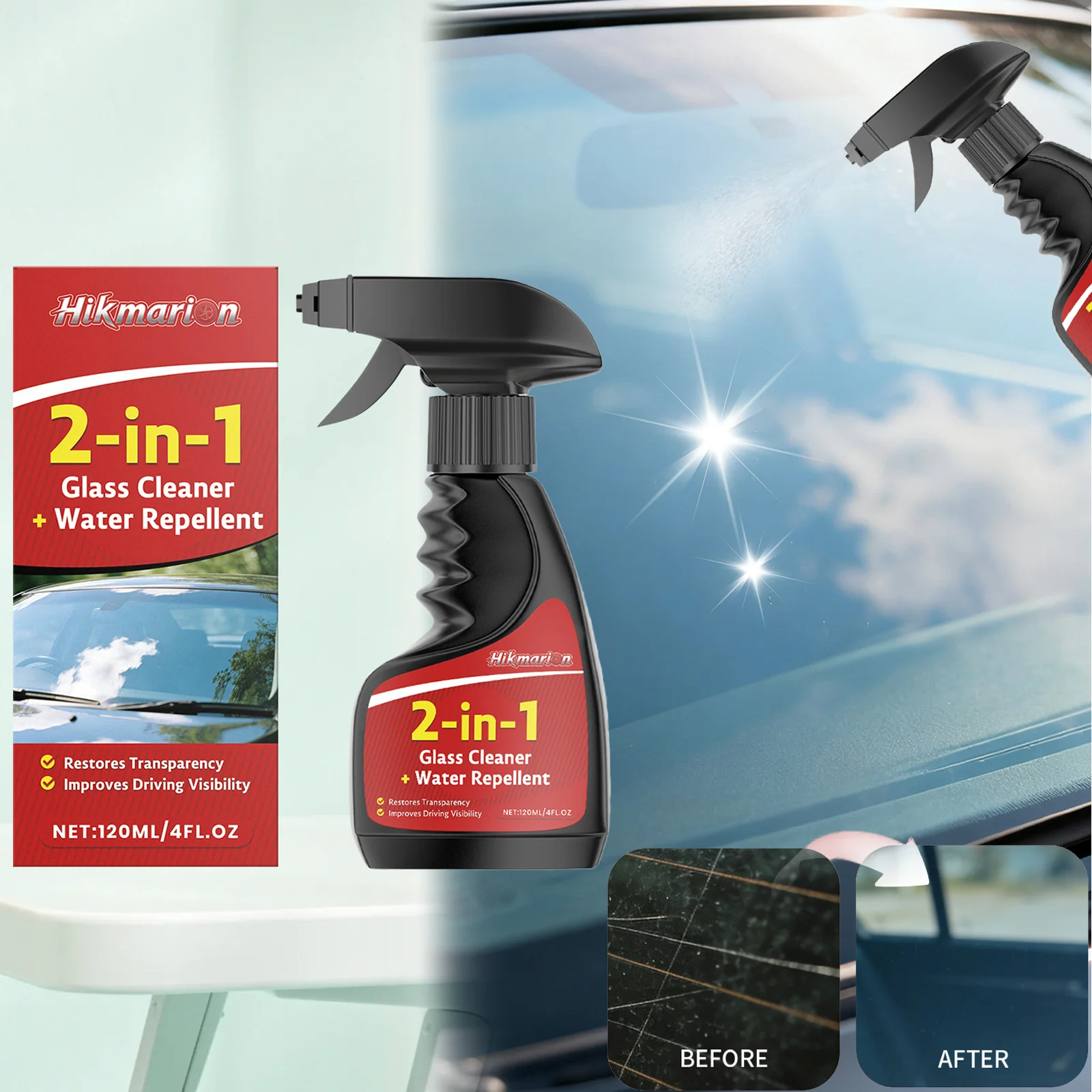 Heavy Duty Windshield Cleaner 120ml Glass Detailing Spray Cuts Through Grease Oil Film Water Repellent Coating Clear Visibility