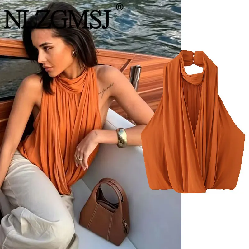 Nlzgmsj 2026 Sommer Damen Orange Neckholder-Bluse Ärmellos mit Überkreuz-Drapierung Rückenfreies Crop-Top