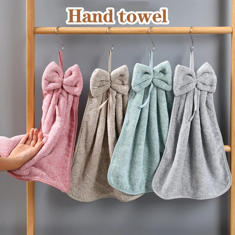 Plain Color Bow Shaped Hand Towel Coral Fleece Bathroom Kitchen Hanging Towel Soft Absorbent Hanging Cloth Handkerchief