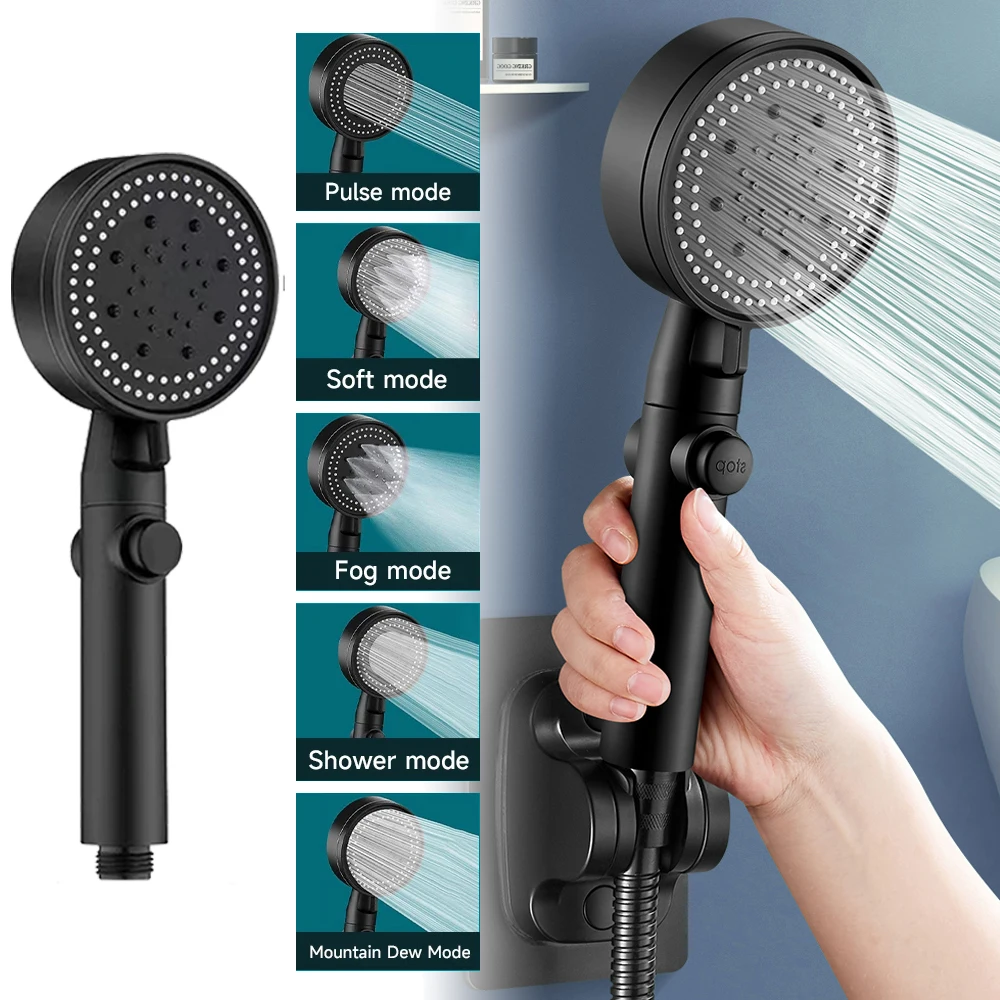 Shower Head 5 Mode Adjustable High Pressure Splash Proof Bathroom One-key Stop Water Showerhead Rainfall Bathroom Accessories