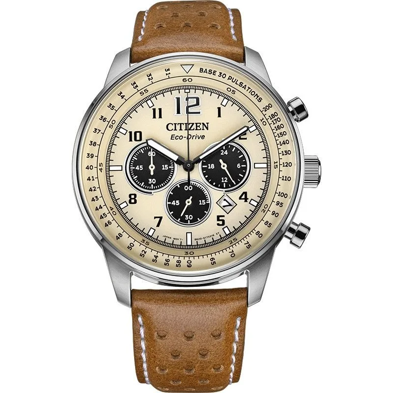 Citizen CA4500-16X Eco-Drive Chronograph Men Watch 100M Water Resistant Date Indicator Brown Perforated Leather Strap Watch