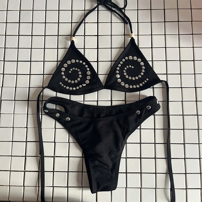 Summer Women Y2K Punk Beach Club Studded Spiral Ribbed Halter Triangle String Thong Two Piece Bikini Swimsuit