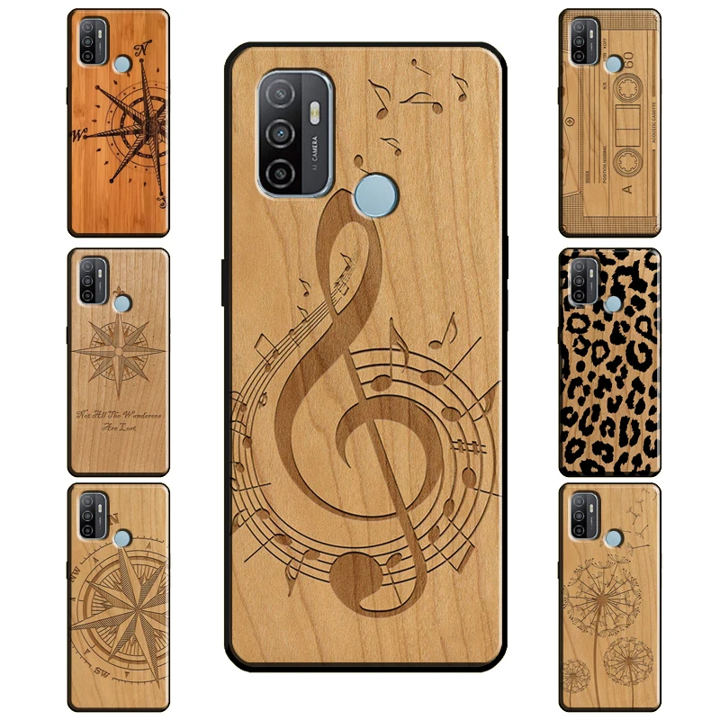 Leopard Print Compass Wood Case For OPPO Find X3 Pro F5 F7 A52 A72 A15 A83 A91 A3S A5S A5 A9 A31 A53 2020 Back Cover