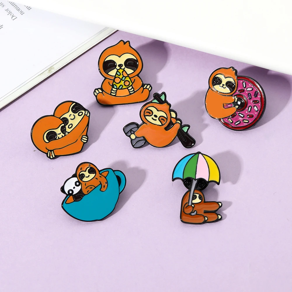 Cute Cartoon Playing Sloths Collection Pins Food Pizza Donuts Coffee Bradypod Enamel Brooches Cheap Jewelry Wholesale