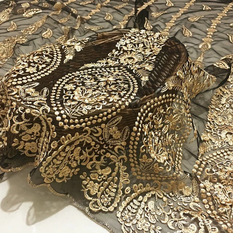 New Arrival Gold 3D Embroidery Mesh Lace Fabric, Custom Garment Material, Dense Embroidered Cloth For Dresses
