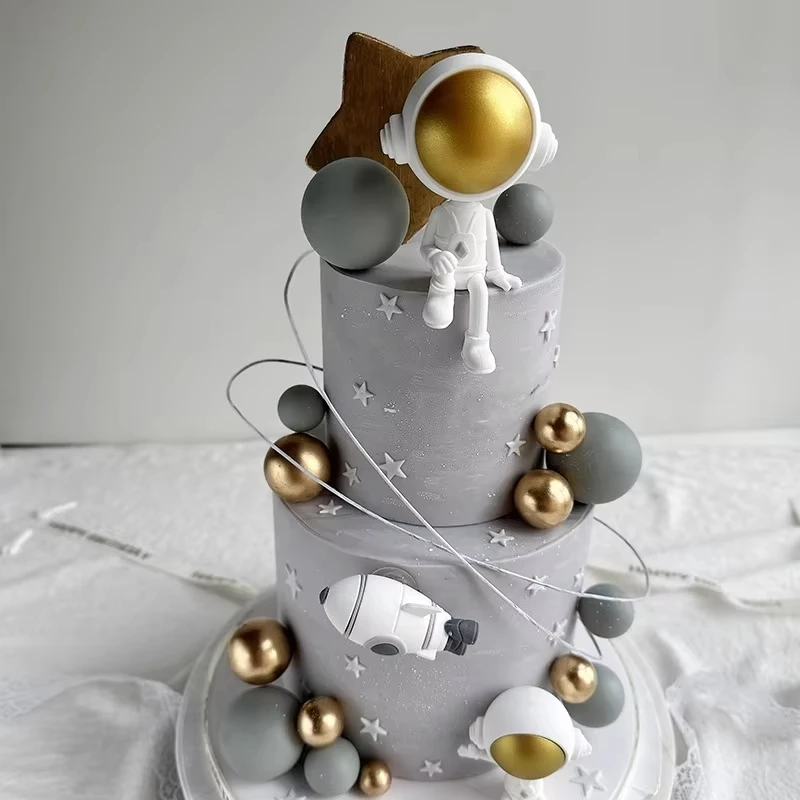 Adorno para tarta de astronauta 3D con planetas de cohete astronauta para niños, decoraciones para fiesta de cumpleaños, suministros para Baby Shower, tema del espacio exterior