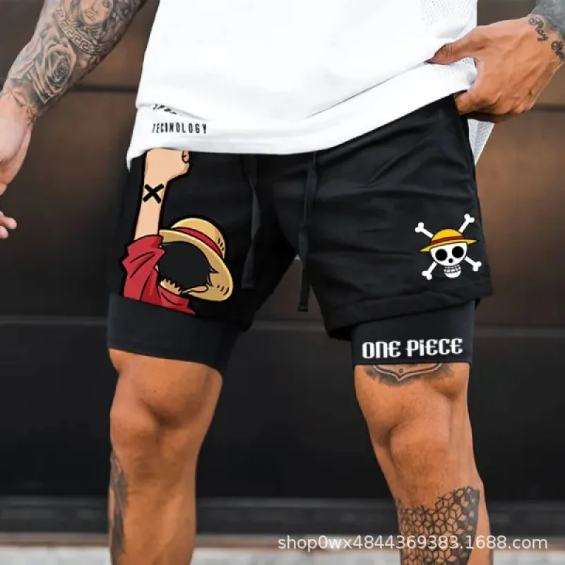 

One Piece 3D Print Luffy Men 2 In 1 Swimming Trunks Shorts with Compression Quick Dry Swiming Double Layer Running Beach Shorts