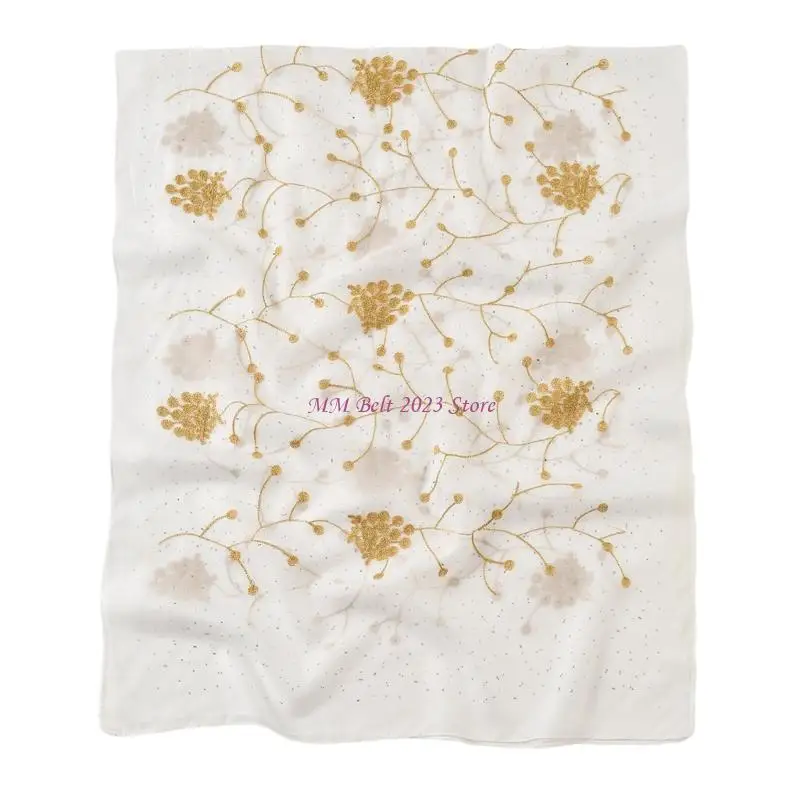 49ME Stylish Turban Hijab Scarf Hot Drilling Embroidery Flower Shawl Wrap for Lady