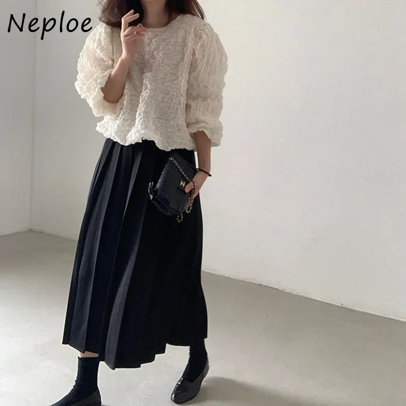 Neploe Round Neck Loose Blusas Korea Chic Autumn Simple Ladies Shirt Fold Design Bubble Cotton Long Sleeve Womens Blouses Top