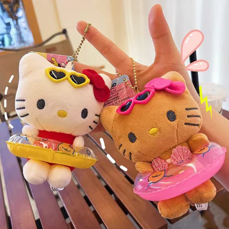 Anime saniro olá kitty anel de natação boneca de pelúcia chaveiro pingente dos desenhos animados kt gato kawaii praia estilo mochila decoração presentes